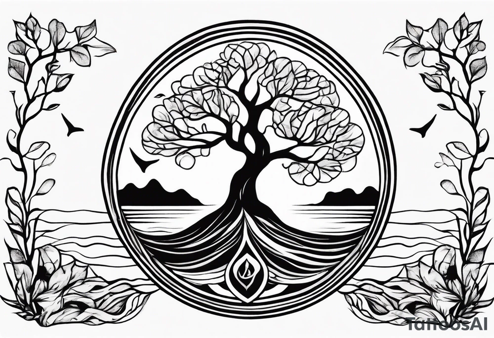calm sea and tree of life without frame tattoo idea