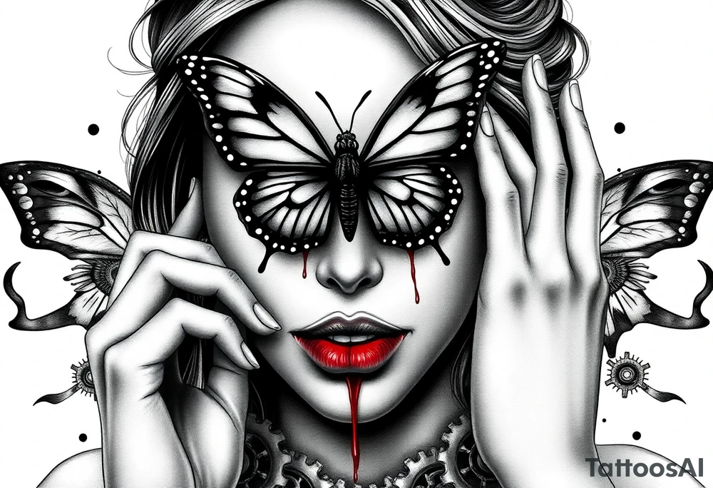 Black and grey realism tattoo design of a beautiful woman's face. And a butterfly landing g on her on the upper bridge of her nose so that the lower wings of the butterfly is covering both her eyes  the butterflys right lower wing is covering her right eye and the lower left of the butterfly wing is covering her left eye  (see no evil), she is bitting on her lip hard to where it is bleeding bright red(speak no evil). Wuth her left hand iver her left ear and her right hard over her right ear ( hear no evil )The style is black and grey realism, hyper-realistic, dark, and evil. Incorporate ninja gear elements and mechanical details (gears) subtly into the background or clothing for a gear ninja evil look. Design for a full forearm sleeve placement tattoo idea