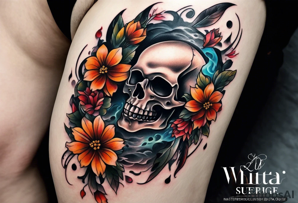 center Knee tattoo with realistic evil skull, various flowers, water and fall colors tattoo idea