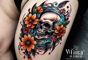center Knee tattoo with realistic evil skull, various flowers, water and fall colors tattoo idea