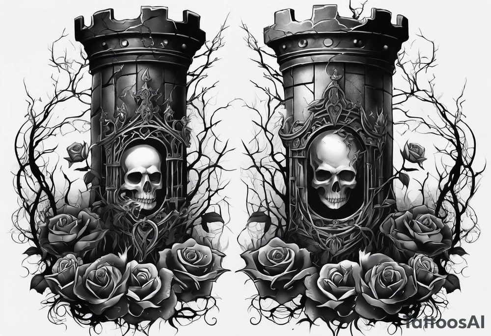 tattoo fool sleeve, destroyed dark gothic castle, tree roots break out of the chains, broken mask, roses tattoo idea