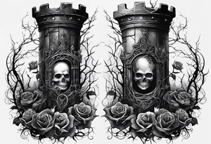 tattoo fool sleeve, destroyed dark gothic castle, tree roots break out of the chains, broken mask, roses tattoo idea