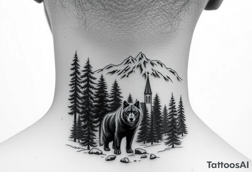 Nature/Landscape

Wolves in a pine forest (extending the tree line you already have)
A Russian bear emerging from the treeline
Snow-capped mountains behind the church scene tattoo idea
