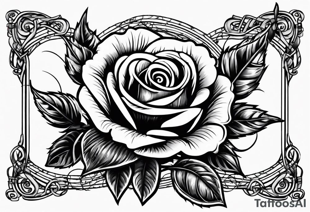 Country music microphone, roses and barbed wire in background tattoo idea