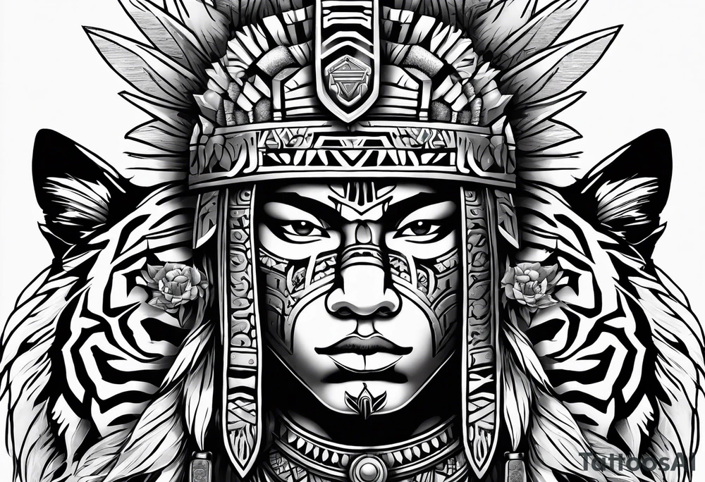 Aztec warrior with aztec symbols in the back ground and a tiger pelt on the warriors head tattoo idea