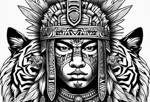 Aztec warrior with aztec symbols in the back ground and a tiger pelt on the warriors head tattoo idea