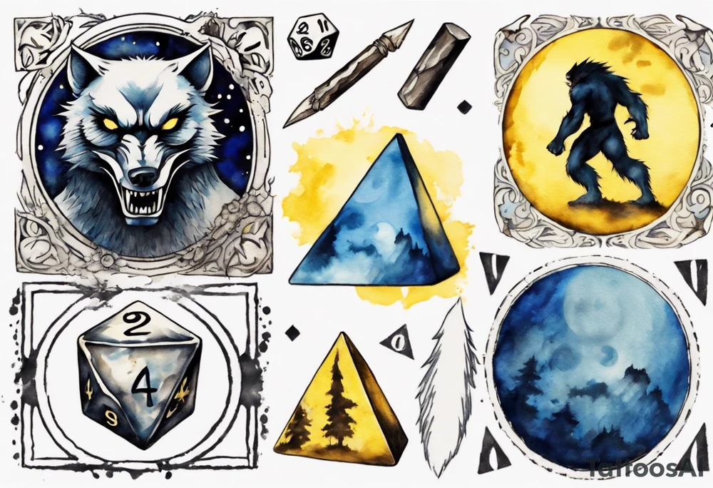 A 20 sided Dice in the center with numbers and wolverine claw marks framing the area underneath the dice and a werewolf howling at the moon in the background, and blue and yellow faded background color tattoo idea