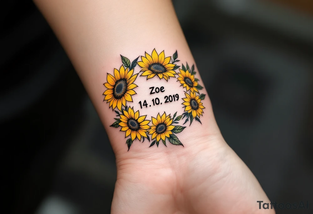 Zorka 14. 10. 2019 – Bright yellow sunflowers surrounding Zoe's birthdate, with tiny green leaves scattered throughout. tattoo idea
