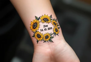 Zorka 14. 10. 2019 – Bright yellow sunflowers surrounding Zoe's birthdate, with tiny green leaves scattered throughout. tattoo idea