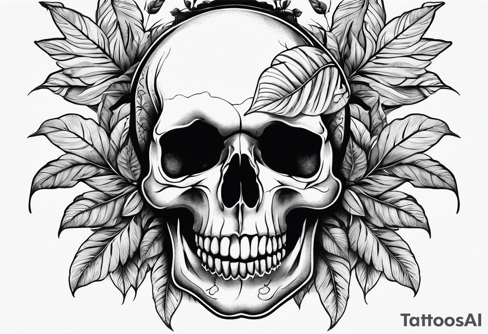 Skull and bones with leafs tattoo idea
