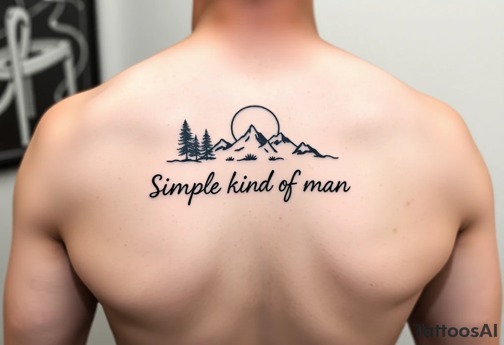 A minimalist tattoo with the words ‘Simple Kind of Man’ in handwritten script, framed by pine trees, mountains, and a rising sun. Evokes peaceful strength and humility. Fine line blackwork for the forearm. tattoo idea