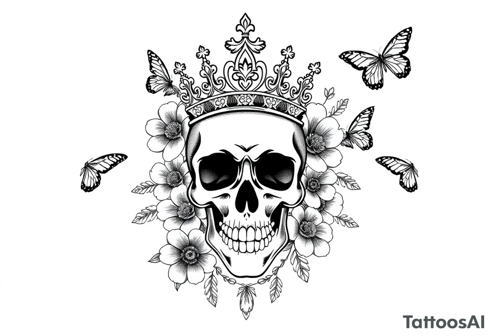 ornate skull adorned with gorgeous crown surrounded by boho flowers and butterflies tattoo idea