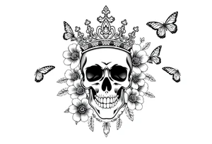 ornate skull adorned with gorgeous crown surrounded by boho flowers and butterflies tattoo idea