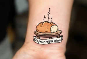 "Bez prace nejsou kolace." — A traditional loaf of bread steaming over a rustic table, inked in sepia tones, with the quote in banner style underneath. tattoo idea