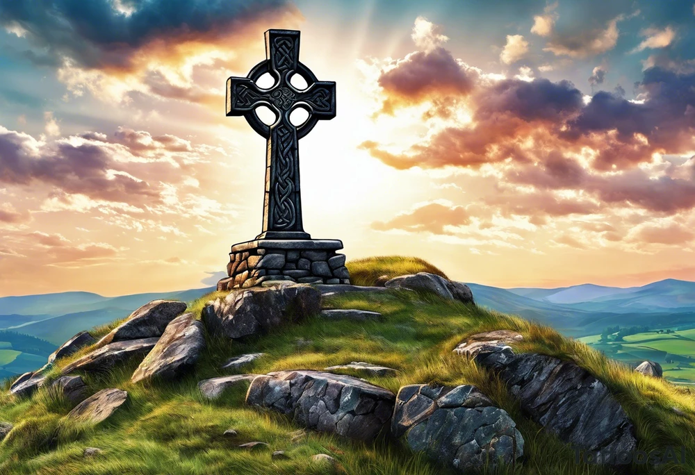 A stone Celtic cross standing solemnly atop a hill. A ruined stone wall lies crumbling near the cross tattoo idea