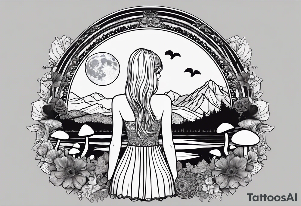 Straight blonde hair girl facing away toward mountains surrounded by mushrooms crescent moon mandala circular design black and white striped dress tattoo idea