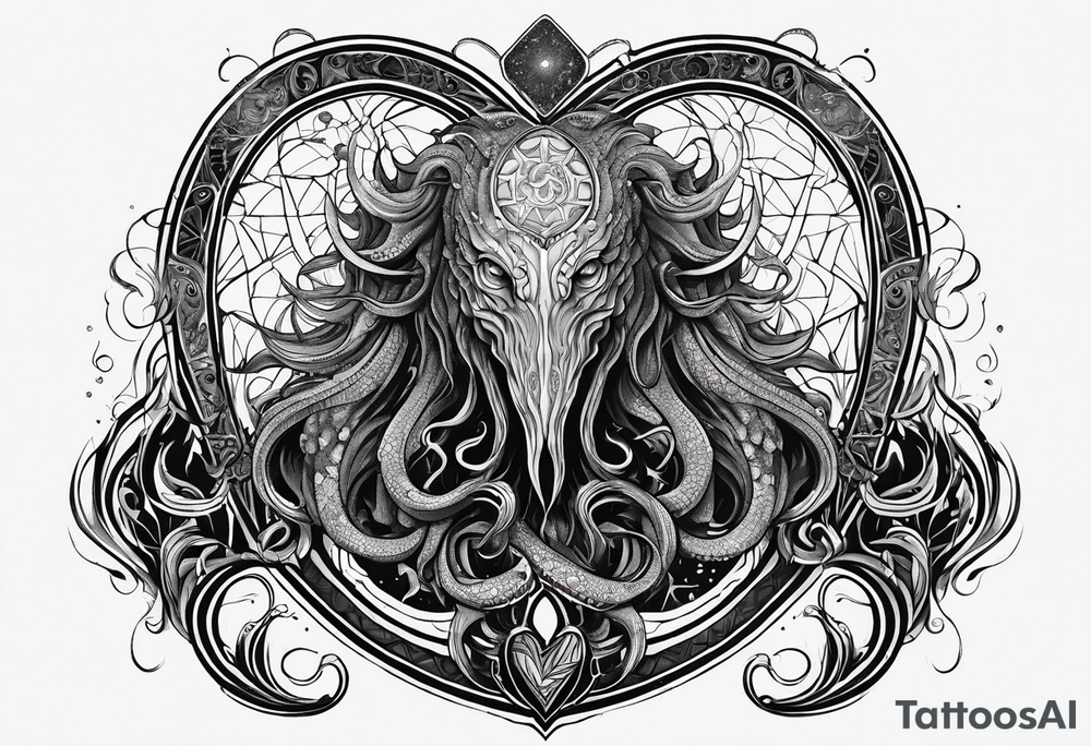Long tattoo for arm. Lovecraftian creature, protecting a heart. Ctulhu. tattoo idea