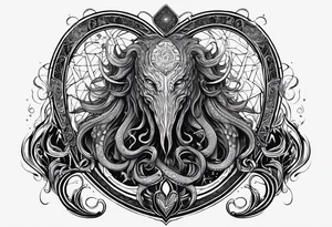 Long tattoo for arm. Lovecraftian creature, protecting a heart. Ctulhu. tattoo idea