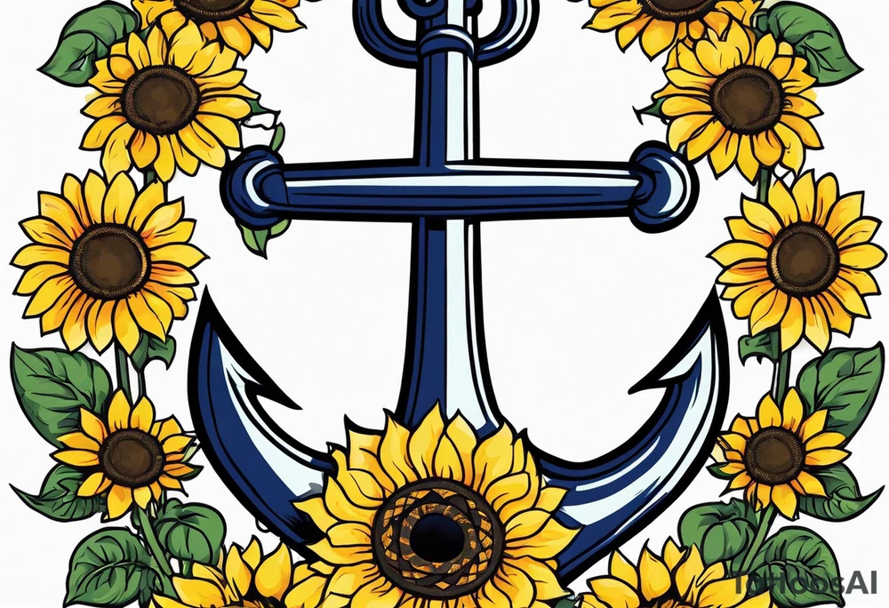 Anchor, wrapped in rope, with sunflowers intertwined throughout, thigh tattoo tattoo idea