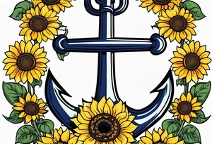 Anchor, wrapped in rope, with sunflowers intertwined throughout, thigh tattoo tattoo idea