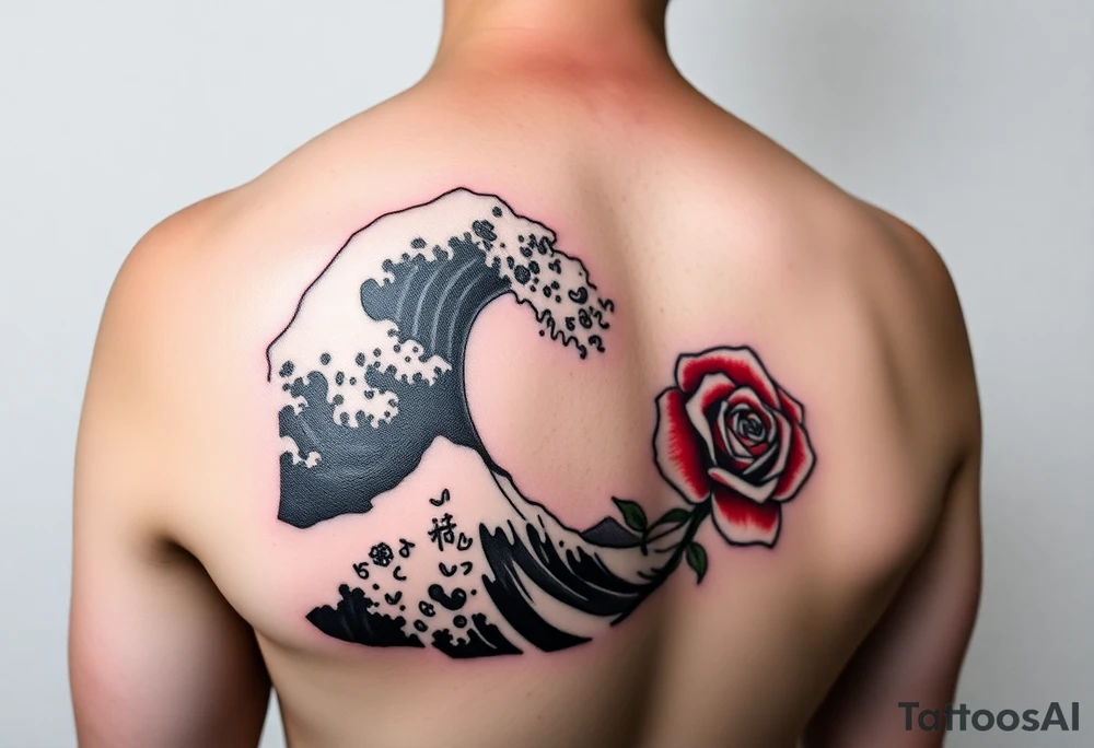 Arm tattoo of The Great Wave off Kanagawa in black and white with a beautiful red rose tattoo idea
