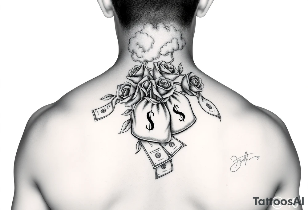 monopoly money bags, roses, cloud smoke, dollar bills tattoo idea