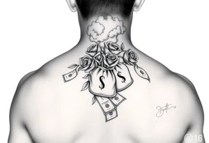 monopoly money bags, roses, cloud smoke, dollar bills tattoo idea