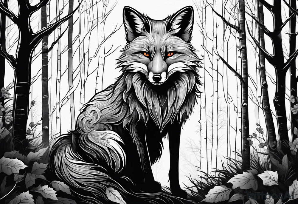 Creepy evil fox in birch woods tattoo idea