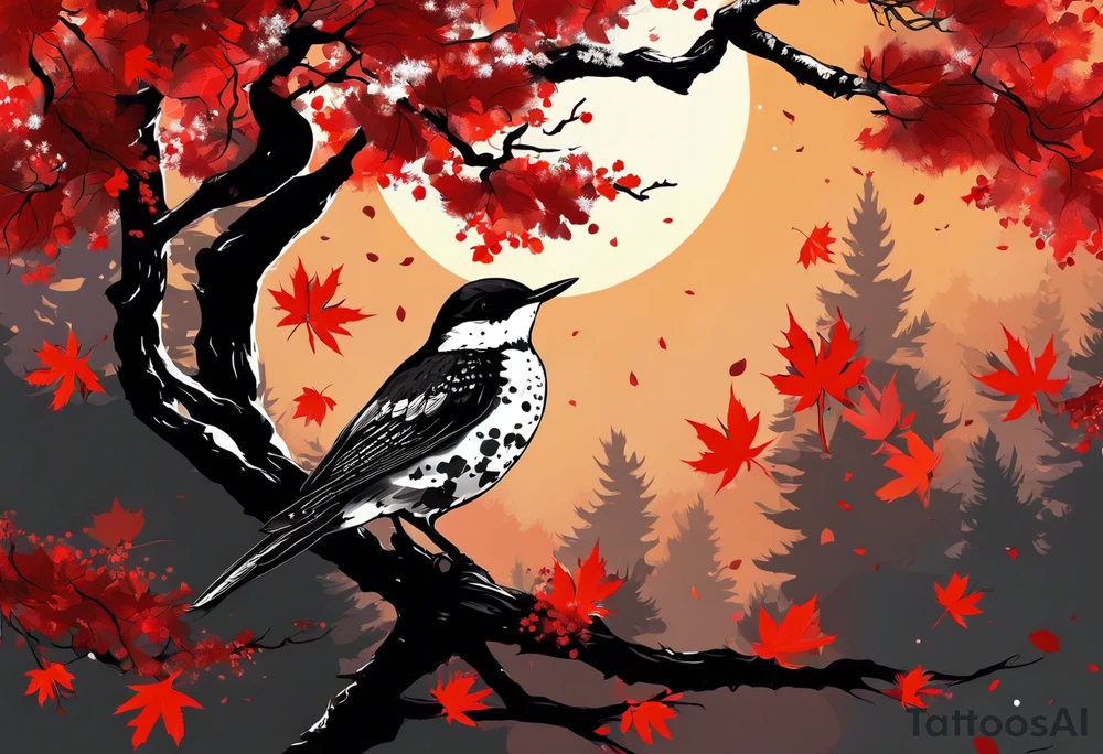 trash polka style. Arm tattoo. chest tattoo. Long tattoo. large tattoo. Full sleeve. Shoulder. A single large maple tree with red autumn leaves that branches upwards from wrist to shoulder. White-throated dipper bird on the trees branches. Calluna flowers at the base of the trees stem. Red/yellow sunset behind the trees stem. Leaves falling. tattoo idea