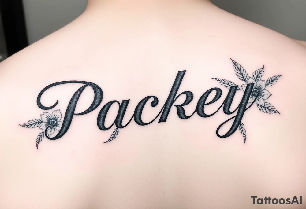 The name packey in cursive with floral tattoo idea