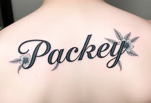 The name packey in cursive with floral tattoo idea