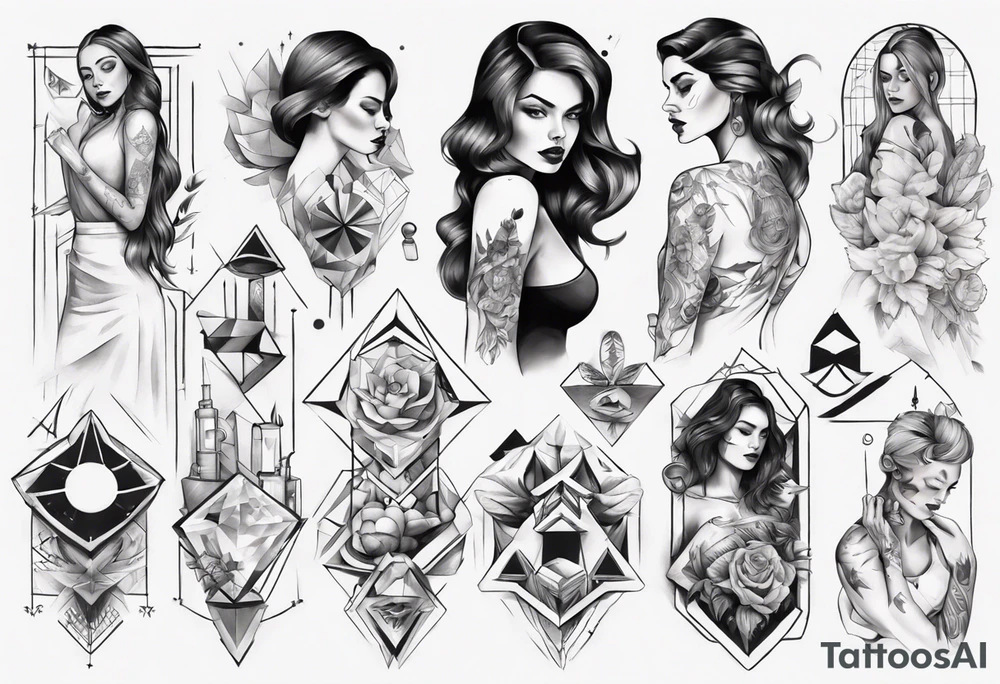 shoulder to elbow tattoo, with beautiful women on each arm using geometric objects tattoo idea