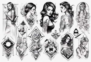 shoulder to elbow tattoo, with beautiful women on each arm using geometric objects tattoo idea