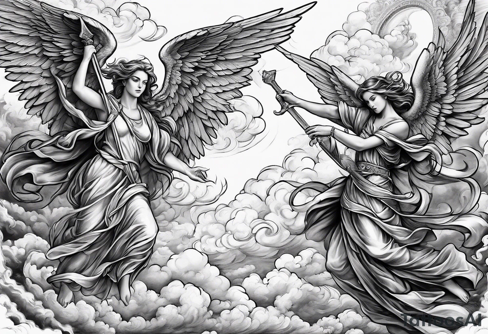 Angels fighting against demons in the clouds tattoo idea