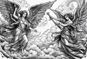 Angels fighting against demons in the clouds tattoo idea