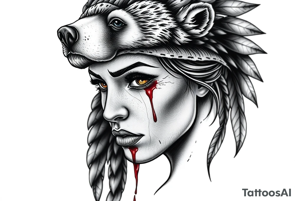 Beautiful Womans with colored eyes, shedding a tear, with battle scars and blood on face, wearing a mean looking bear headdress on head tattoo idea