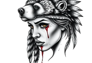 Beautiful Womans with colored eyes, shedding a tear, with battle scars and blood on face, wearing a mean looking bear headdress on head tattoo idea