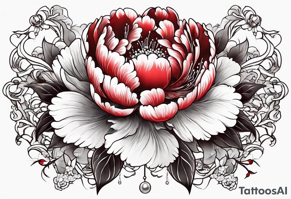 Red peony with dangling pearls with rabbit on top tattoo idea