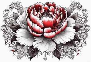Red peony with dangling pearls with rabbit on top tattoo idea