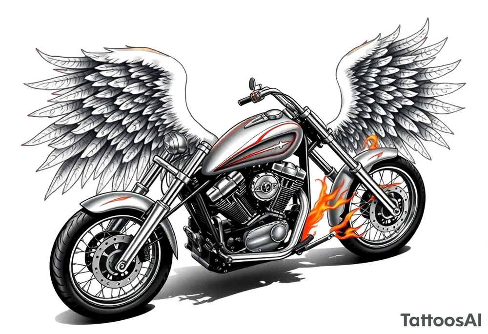 Low rider grey motorcycle, flames, angel wings tattoo idea