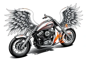 Low rider grey motorcycle, flames, angel wings tattoo idea