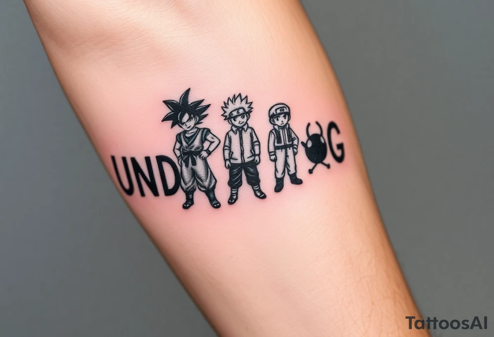 the word underdog in a with 3 anime characters Goku  and Naruto and ippo  one standing in the middle one standing on the right and one standing on the left
 above the word tattoo idea