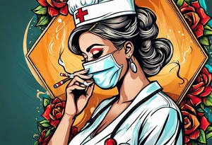 Nurse smoking a cigarette and crying with mask on face tattoo idea