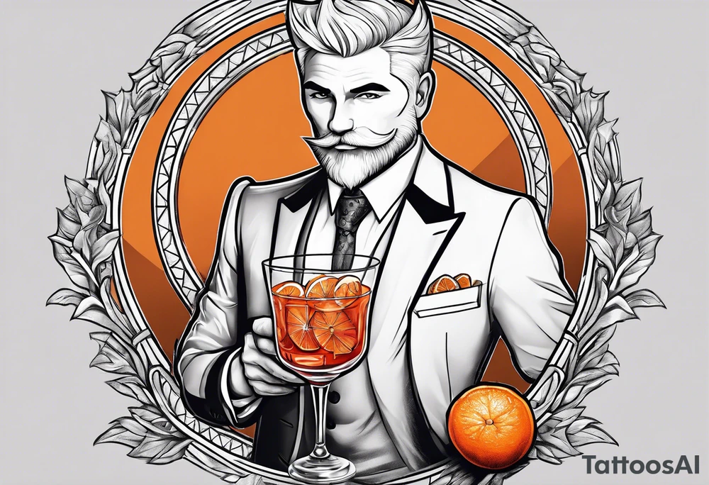 Adult male silver fox holding a Negroni in a lowball cocktail glass with an orange peel looking straight forward tattoo idea