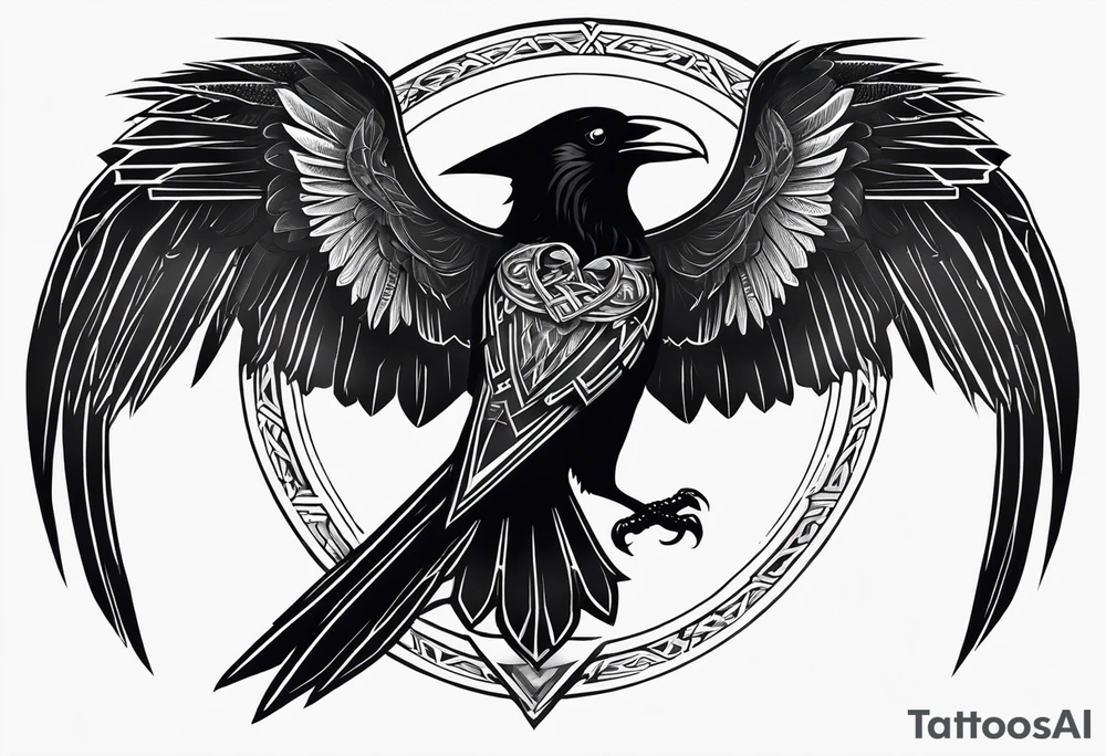 Black and white odins raven in a Norse rune style for placement on the neck with the ravens wings going up the sides of the neck tattoo idea