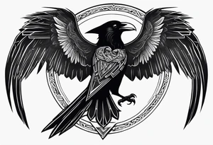 Black and white odins raven in a Norse rune style for placement on the neck with the ravens wings going up the sides of the neck tattoo idea