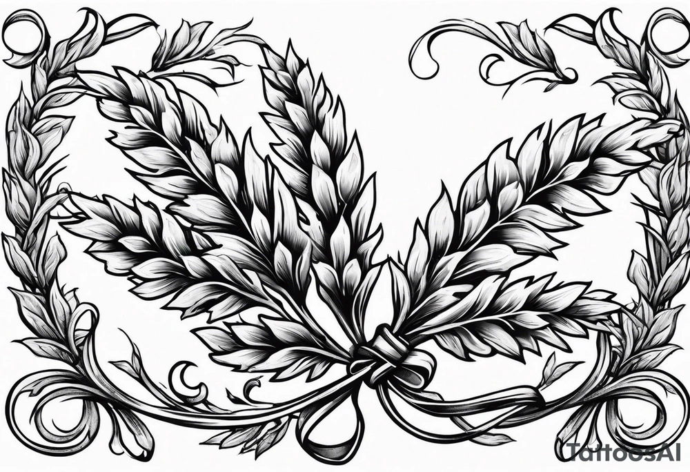 Oak tree leaves with wheat stalks wrapped in a ribbon tattoo idea
