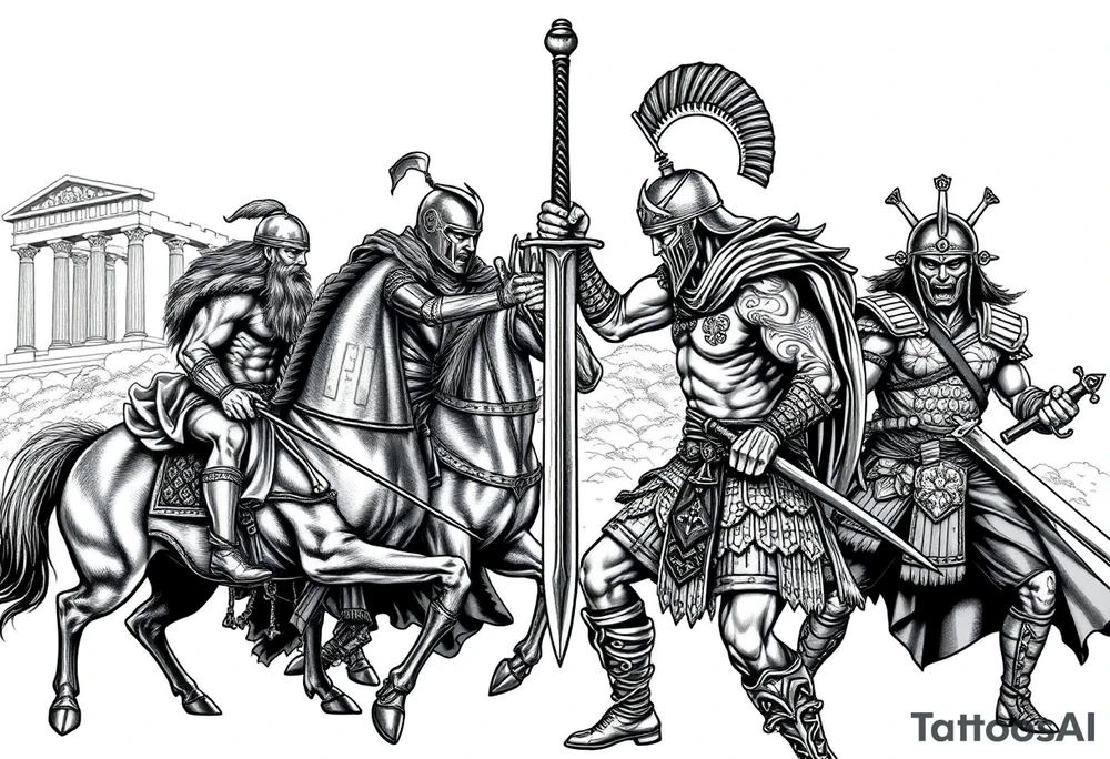 Viking vs Angus Kahn vs English knight on horse vs Roman gladiator vs Japanese samurai. Note realistic fighting and weapons against each other. Background ancient ruins of Greece behind tattoos to fill in skin area no sword down the middle tattoo idea