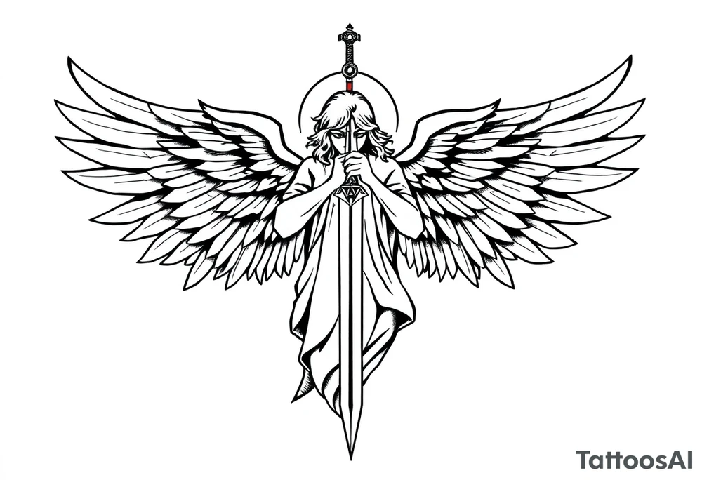 Angel with two wings that are covering its face, two wings covering its feet, and two flying out at its sides while the angel holds a sword tattoo idea