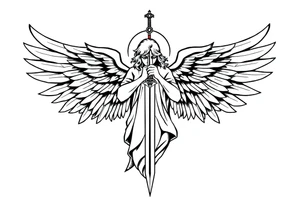 Angel with two wings that are covering its face, two wings covering its feet, and two flying out at its sides while the angel holds a sword tattoo idea
